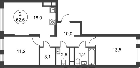 62,6 м², 2-комн. квартира, 13/17 этаж