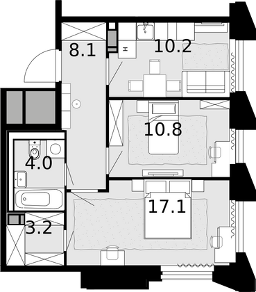 53,4 м², 2-комн. квартира, 10/22 этаж