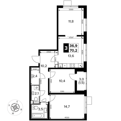 70,2 м², 3-комн. квартира, 11/21 этаж