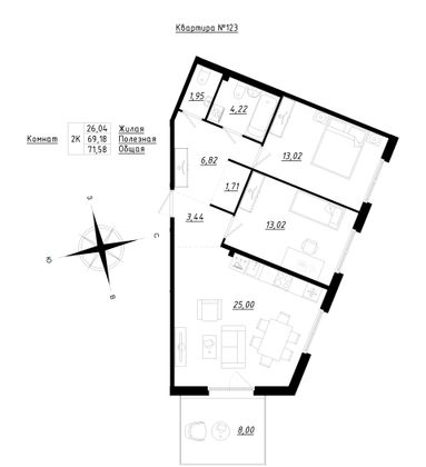 71,6 м², 2-комн. квартира, 1/5 этаж