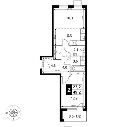 49,2 м², 2-комн. квартира, 4/17 этаж