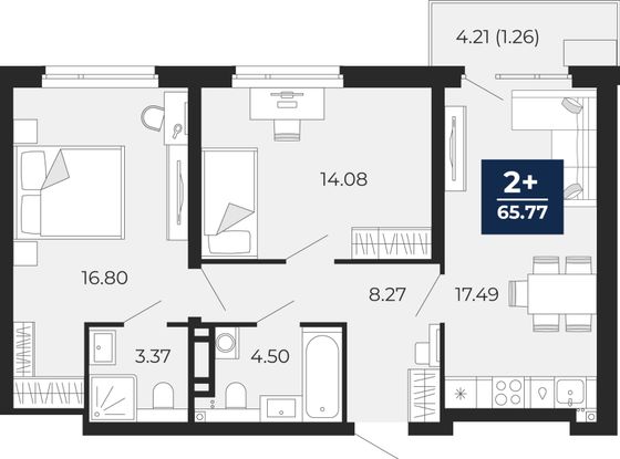 65,8 м², 2-комн. квартира, 13/22 этаж