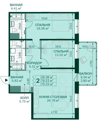 76,3 м², 2-комн. квартира, 2/14 этаж