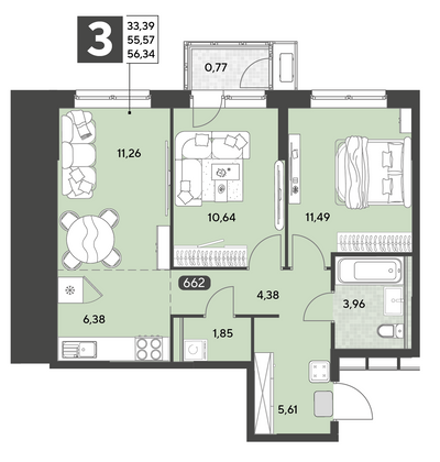 Продажа 3-комнатной квартиры 56,3 м², 9/25 этаж