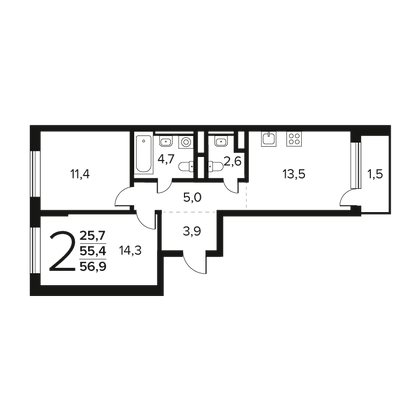 Продажа 2-комнатной квартиры 56,9 м², 3/9 этаж