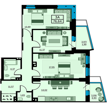 77,3 м², 3-комн. квартира, 22/27 этаж