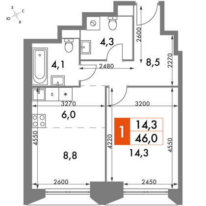 46 м², 2-комн. квартира, 32/47 этаж