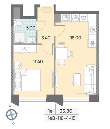 Продажа 1-комнатной квартиры 35,8 м², 11/58 этаж