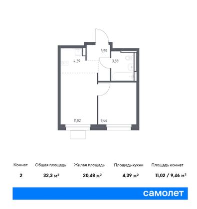 32,3 м², 1-комн. квартира, 10/17 этаж