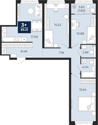 83,3 м², 3-комн. квартира, 2/23 этаж