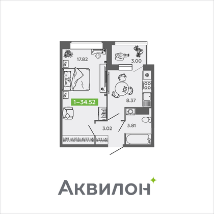 34,5 м², 1-комн. квартира, 9/9 этаж