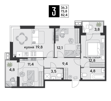 Продажа 3-комнатной квартиры 82,4 м², 2/9 этаж