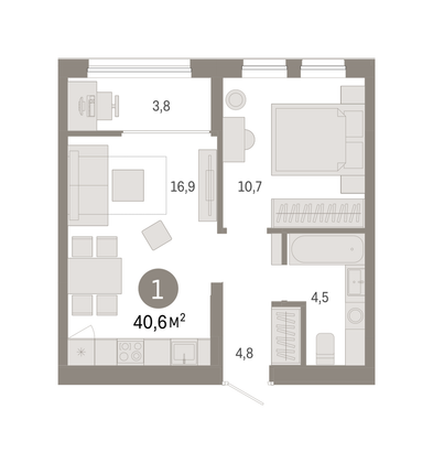 Продажа 1-комнатной квартиры 40,6 м², 8/9 этаж