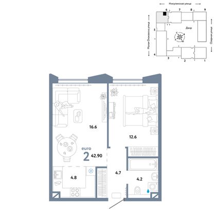 42,9 м², 2-комн. квартира, 26/30 этаж