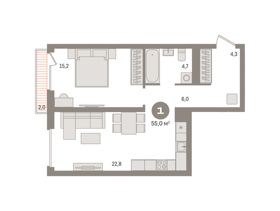 Продажа 1-комнатной квартиры 55 м², 5/14 этаж