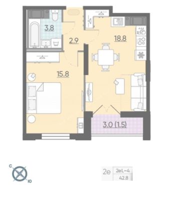 Продажа 1-комнатной квартиры 42,8 м², 15/18 этаж