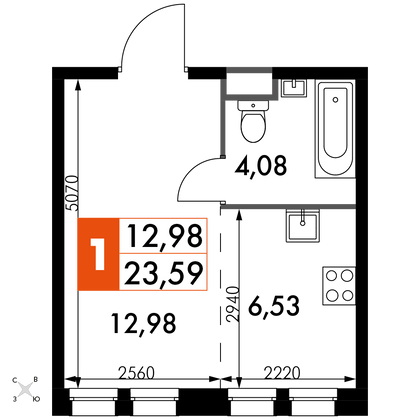 23,6 м², 1-комн. квартира, 6/15 этаж