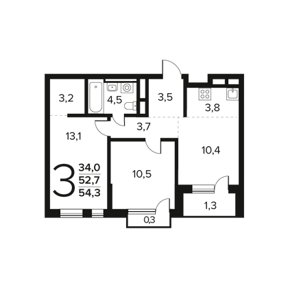 Продажа 3-комнатной квартиры 54,3 м², 6/14 этаж
