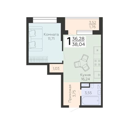 Продажа 1-комнатной квартиры 38 м², 2/24 этаж