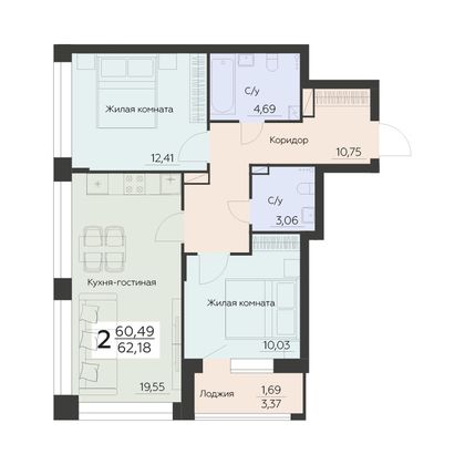 Продажа 2-комнатной квартиры 62,2 м², 5 этаж