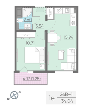 Продажа 1-комнатной квартиры 34 м², 6/13 этаж