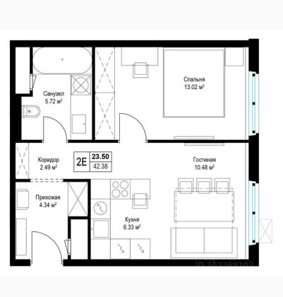 Продажа 1-комнатной квартиры 42,4 м², 2/17 этаж