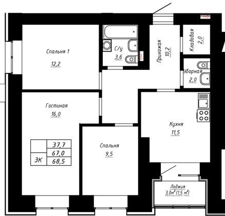 Продажа 3-комнатной квартиры 68,5 м², 2/16 этаж