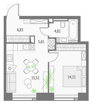 42,9 м², 1-комн. квартира, 26/57 этаж