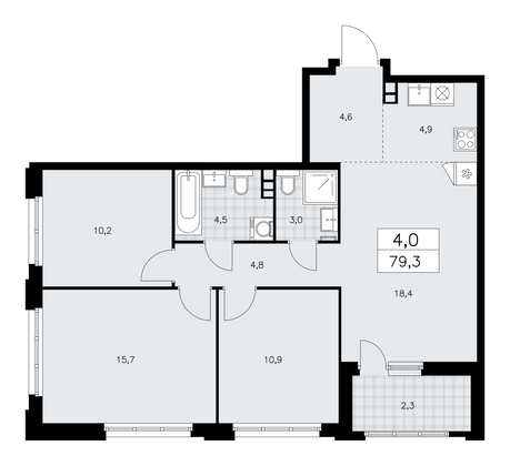 79,3 м², 4-комн. квартира, 3/16 этаж