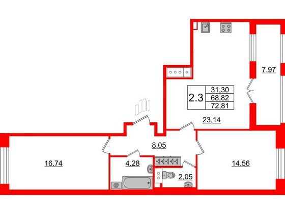 Продажа 2-комнатной квартиры 68,8 м², 6/12 этаж