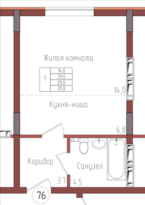 29 м², 1-комн. квартира, 1/9 этаж