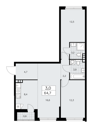 64,7 м², своб. планировка, 6/14 этаж