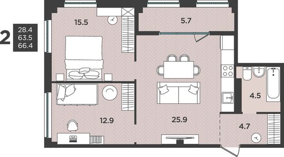 66,4 м², 3-комн. квартира, 8/12 этаж