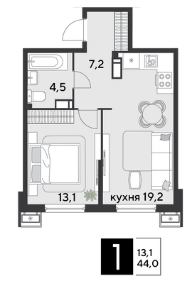 Продажа 1-комнатной квартиры 44 м², 11/18 этаж