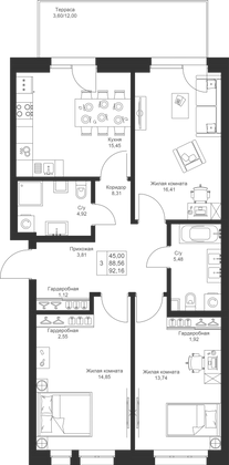 92,2 м², 3-комн. квартира, 1/4 этаж