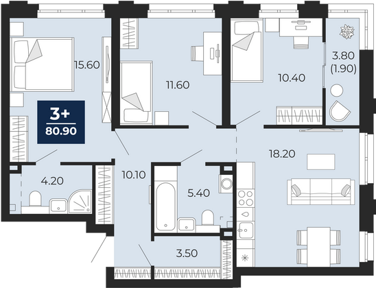 80,9 м², 3-комн. квартира, 2/25 этаж