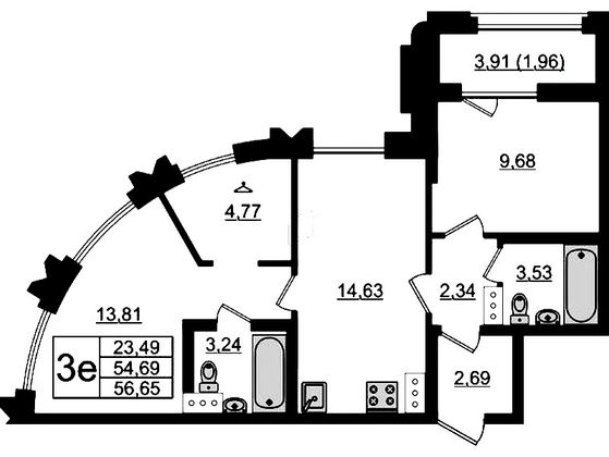 56,7 м², 2-комн. квартира, 5/24 этаж