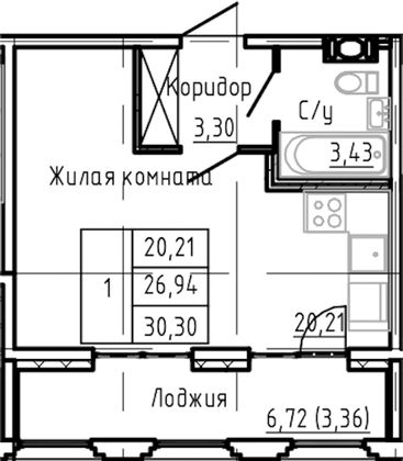 30,3 м², студия, 7/24 этаж