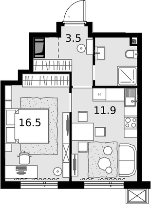 35 м², 1-комн. квартира, 24/28 этаж