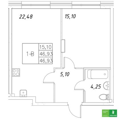 46,9 м², 1-комн. квартира, 1/8 этаж