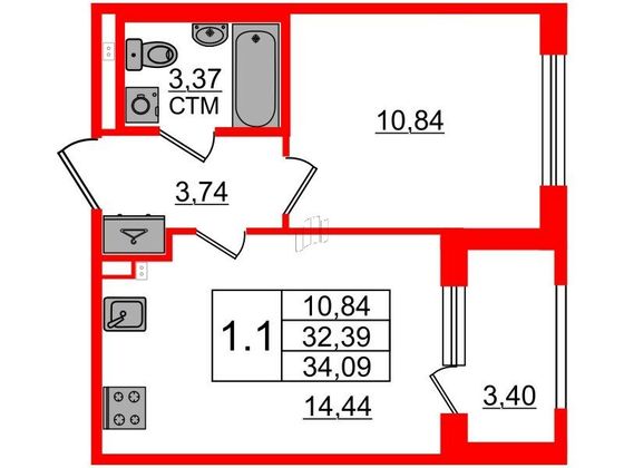 Продажа 1-комнатной квартиры 32,4 м², 3/4 этаж