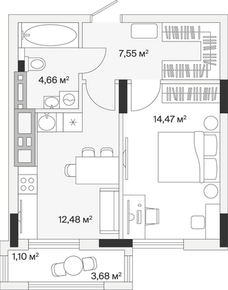 40,3 м², 1-комн. квартира, 1/7 этаж