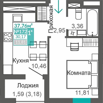 30,2 м², 1-комн. квартира, 9/9 этаж