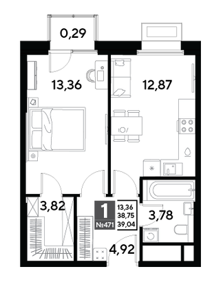 Продажа 1-комнатной квартиры 39 м², 17/25 этаж