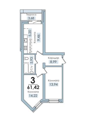 61,4 м², своб. планировка, 1/6 этаж