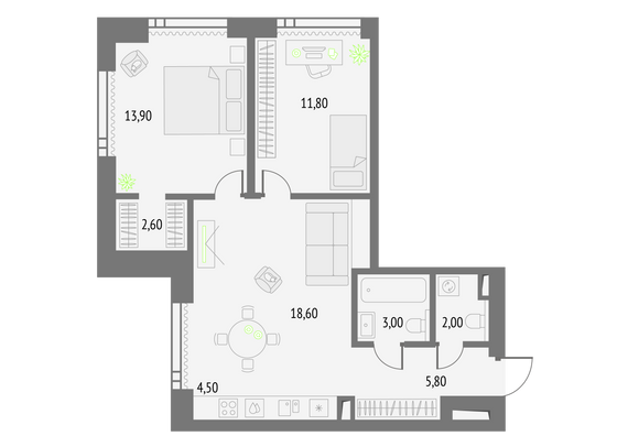 62,2 м², 2-комн. квартира, 27/55 этаж