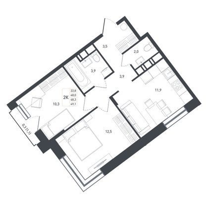 48,3 м², 2-комн. квартира, 2/8 этаж