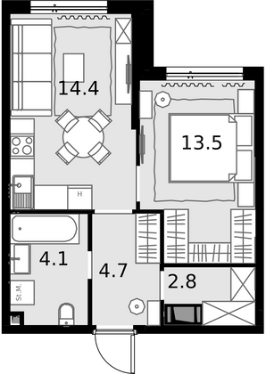 39,5 м², 1-комн. квартира, 15/28 этаж