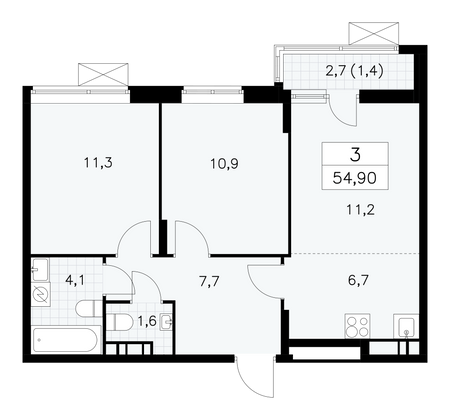 54,9 м², своб. планировка, 14/18 этаж