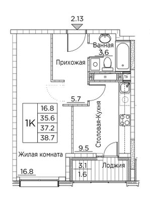 38,7 м², 1-комн. квартира, 21/21 этаж